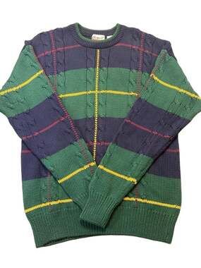 Vintage Plaid Cable Knit Crewneck Cotton Grandpa
Sweater Navy Green Sz Mens L
